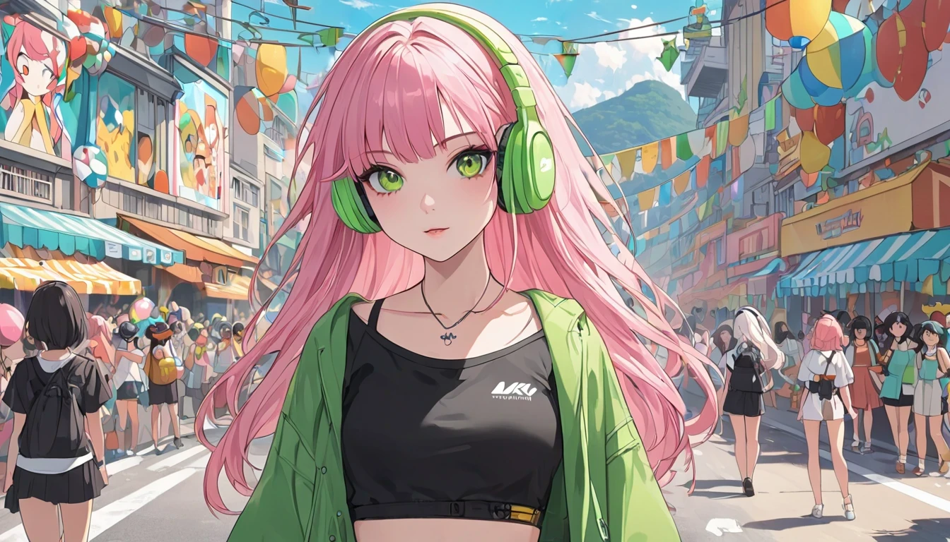anime girl with pink hair wearing green and yellow headphones, looking at a carnival parade in rio de janeiro on the beach, sugar loaf in the background, anime styling 4 k, non-style artwork by guweiz, 8K anime art wallpaper, 4k anime art wallpaper, 4K anime art wallpaper, lofi portoRait, lofi girl, anime styling. 8k, melhor anime wallpaper 4k konachan, anime wallpaper 4k