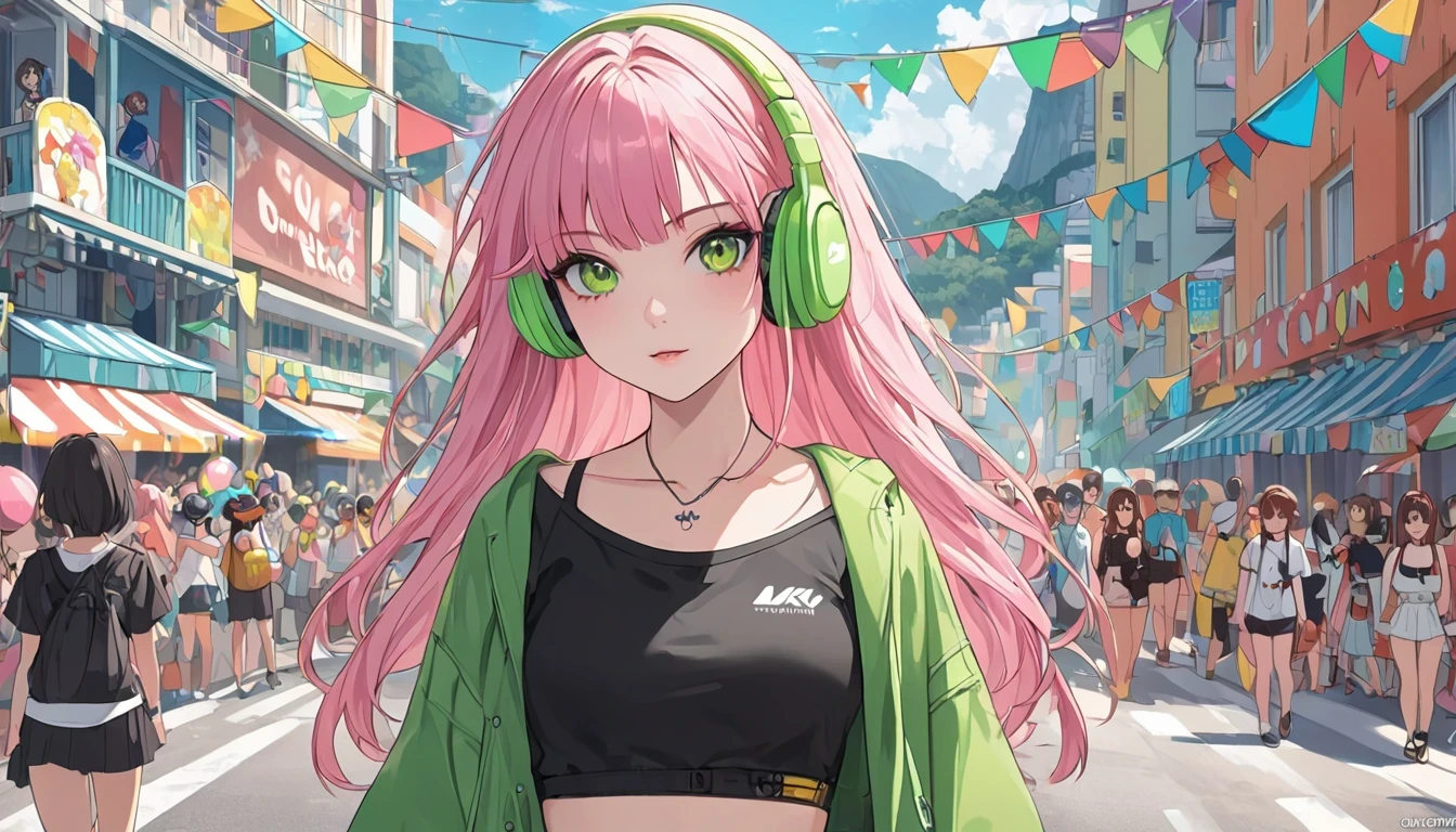 anime girl with pink hair wearing green and yellow headphones, looking at a carnival parade in rio de janeiro on the beach, sugar loaf in the background, anime styling 4 k, non-style artwork by guweiz, 8K anime art wallpaper, 4k anime art wallpaper, 4K anime art wallpaper, lofi portoRait, lofi girl, anime styling. 8k, melhor anime wallpaper 4k konachan, anime wallpaper 4k