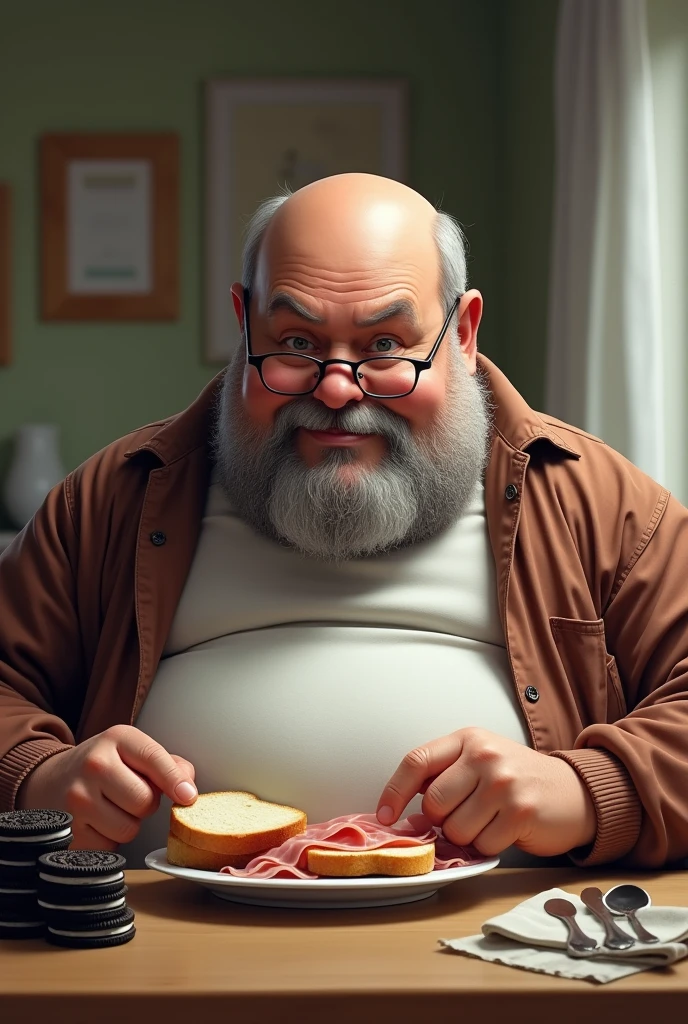 A white man, baldie, sem beard, with glasses, very pot-bellied, aged 50, eating bread with ham and Oreo cookies.