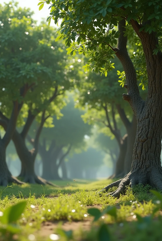 In 3D animation generate" mang and baniyan Trees swaying rhythmically as if dancing to the music, with branches moving and leaves rustling.
."