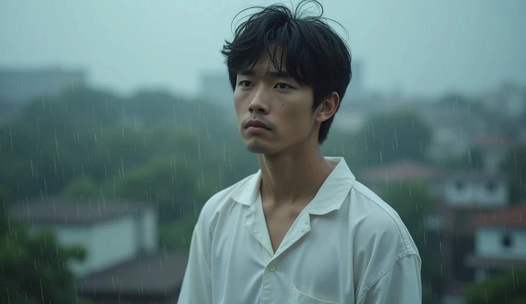A male Japanese college student wearing white clothes is looking down with a gloomy expression on top of a building,Excited, Photo of your face, In the pouring rain, with a natural look, With a slightly tired look, tilt your face a little, Diagonal orientation, Average face