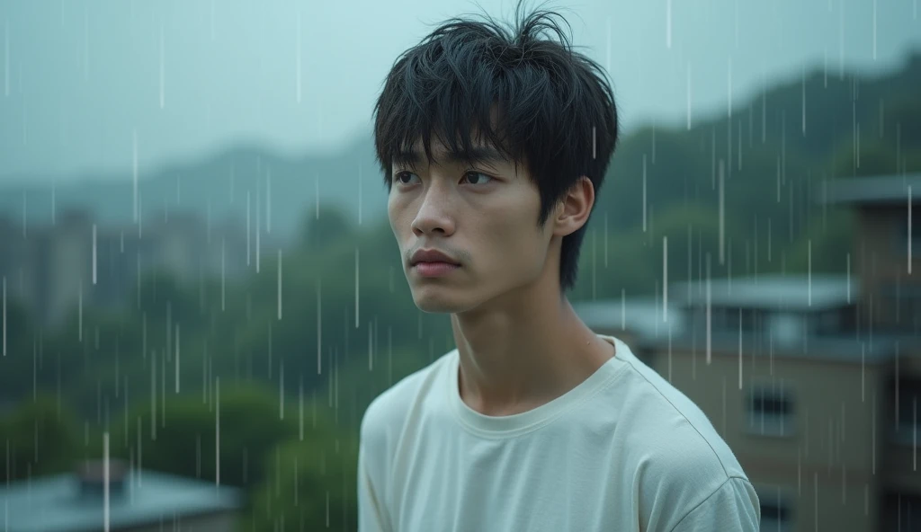 A male Japanese college student wearing white clothes is looking down with a gloomy expression on top of a building,Excited, Photo of your face, In the pouring rain, with a natural look, With a slightly tired look, tilt your face a little, Diagonal orientation, Average face