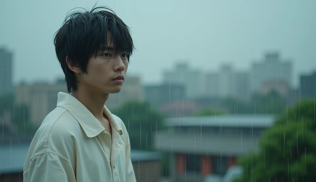 A male Japanese college student wearing white clothes is looking down with a gloomy expression on top of a building,Excited, Photo of your face, In the pouring rain, with a natural look, With a slightly tired look, tilt your face a little, Diagonal orientation, Average face