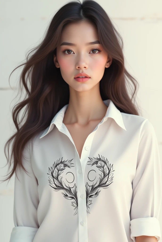 a beautiful woman with white shirt, with Marie in the shirt and this logo ☯︎