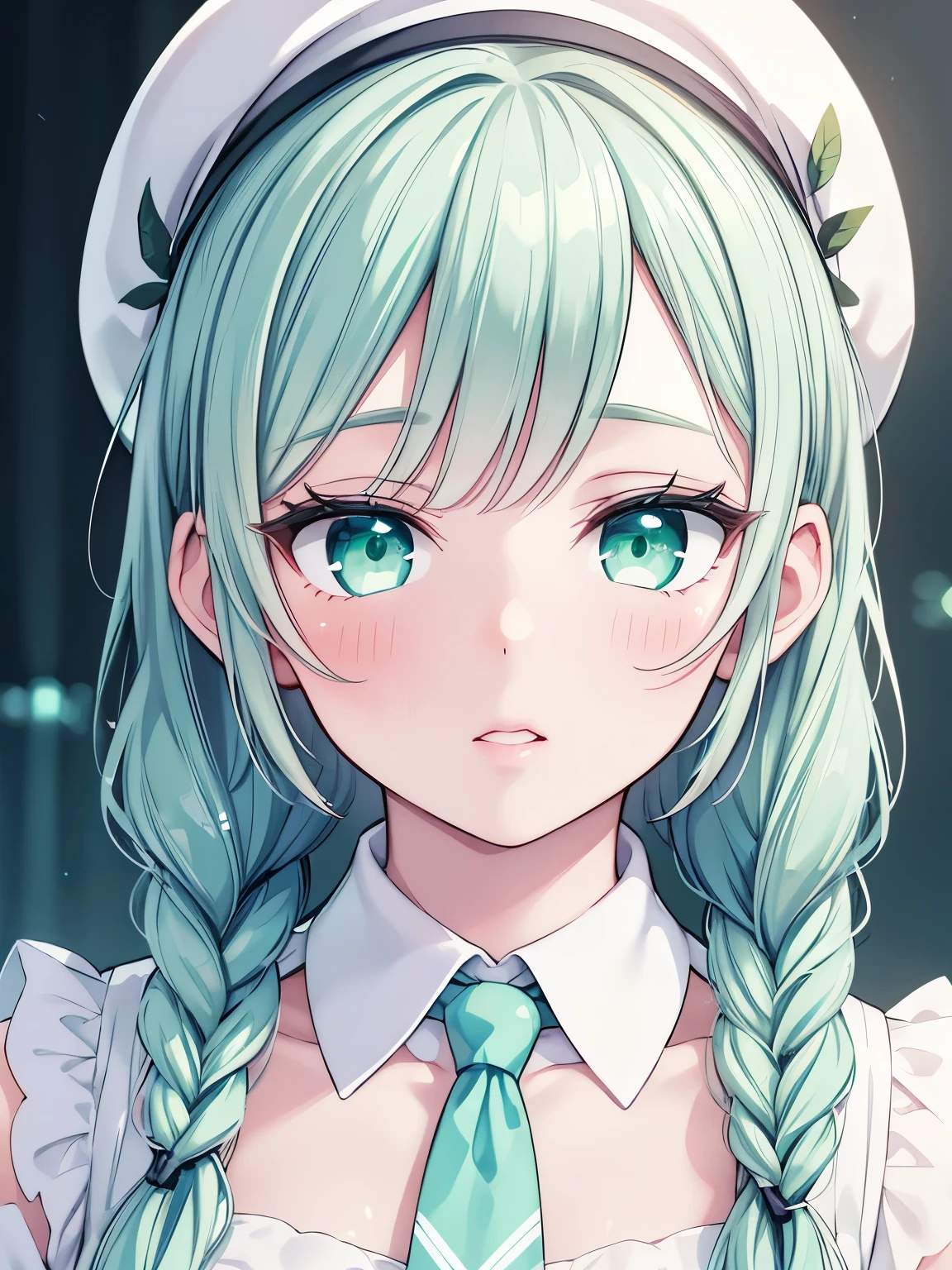 1girl, beautiful detailed eyes, beautiful detailed lips, mint green hair, twin braids, white beret, white shirt, floral necktie, intricate hair details, elegant expression, soft lighting, pastel color palette, cinematic lighting, beautiful detailed face, photorealistic, hyper detailed, masterpiece, (best quality,4k,8k,highres,masterpiece:1.2),ultra-detailed,(realistic,photorealistic,photo-realistic:1.37)