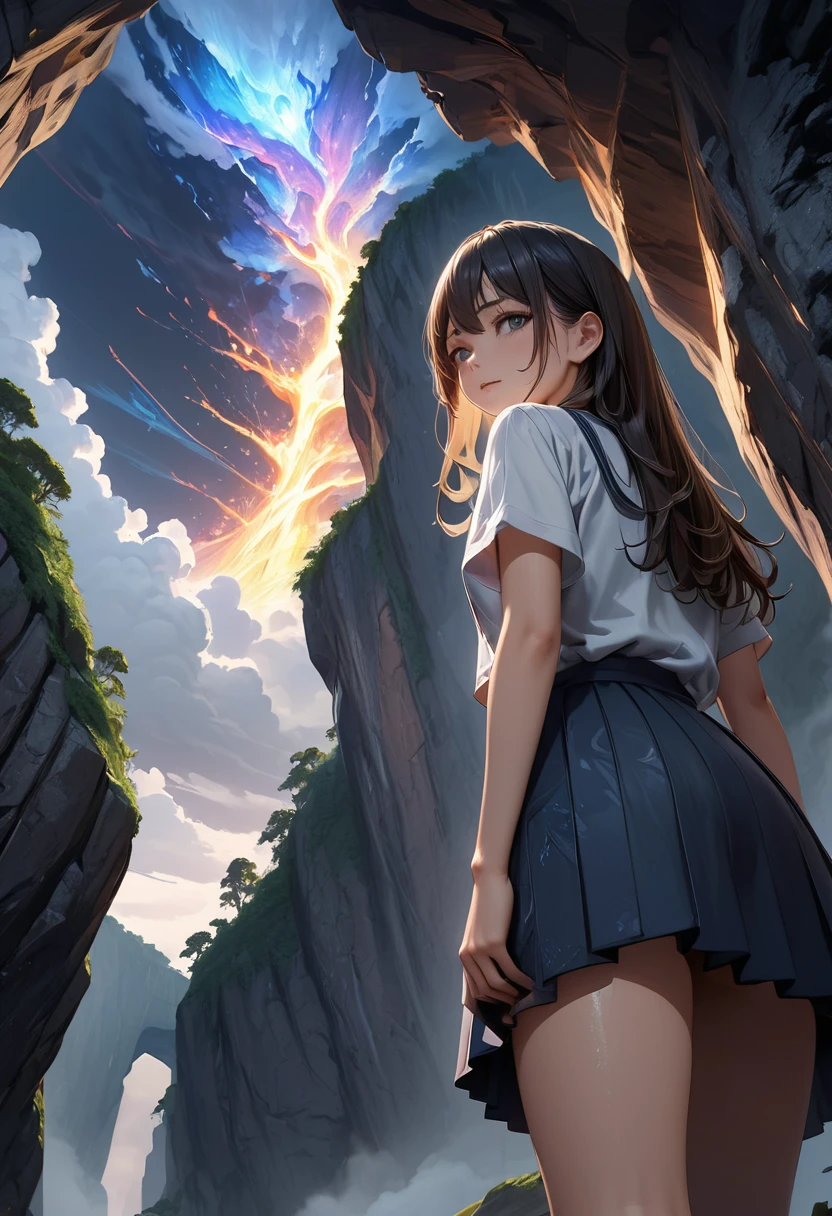 1girl, on the edge of a cliff, big tree beside her, view from below, hand raised, rainstorm, night, everything is shining, abstract, accurate, 8k, masterpiece, detailed