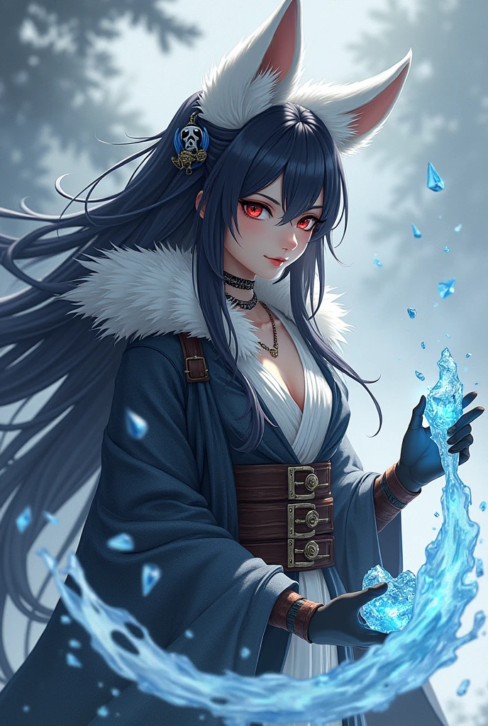 Kitsune, adult female half fox, white fur, long black hair, white fox ears, long fox snout, pirate clothing, manipulating ice around her