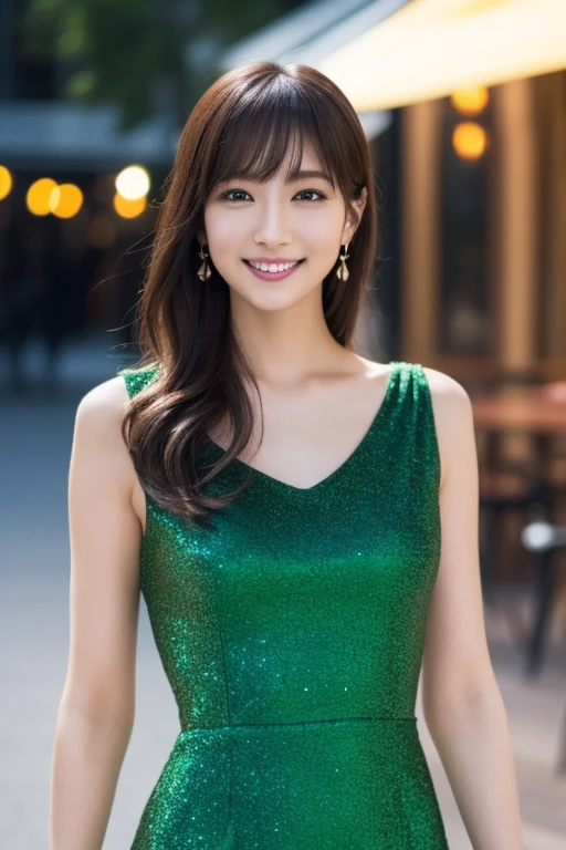 1 girl, (wearing a green glitter dress:1.2), (RAW Photos, Highest quality), (Realistic, Photorealistic:1.4), Tabletop, Very delicate and beautiful, Very detailed, 2k wallpaper, wonderful, finely, Very detailed CG Unity 8K 壁紙, Very detailedな, High resolution, Soft Light, Beautiful detailed, Very detailed目と顔, Beautiful and detailed nose, finelyて美しい目, Cinema Lighting, City lights at night, wonderfulイルミネーション, Perfect Anatomy, Slender body, small, smile