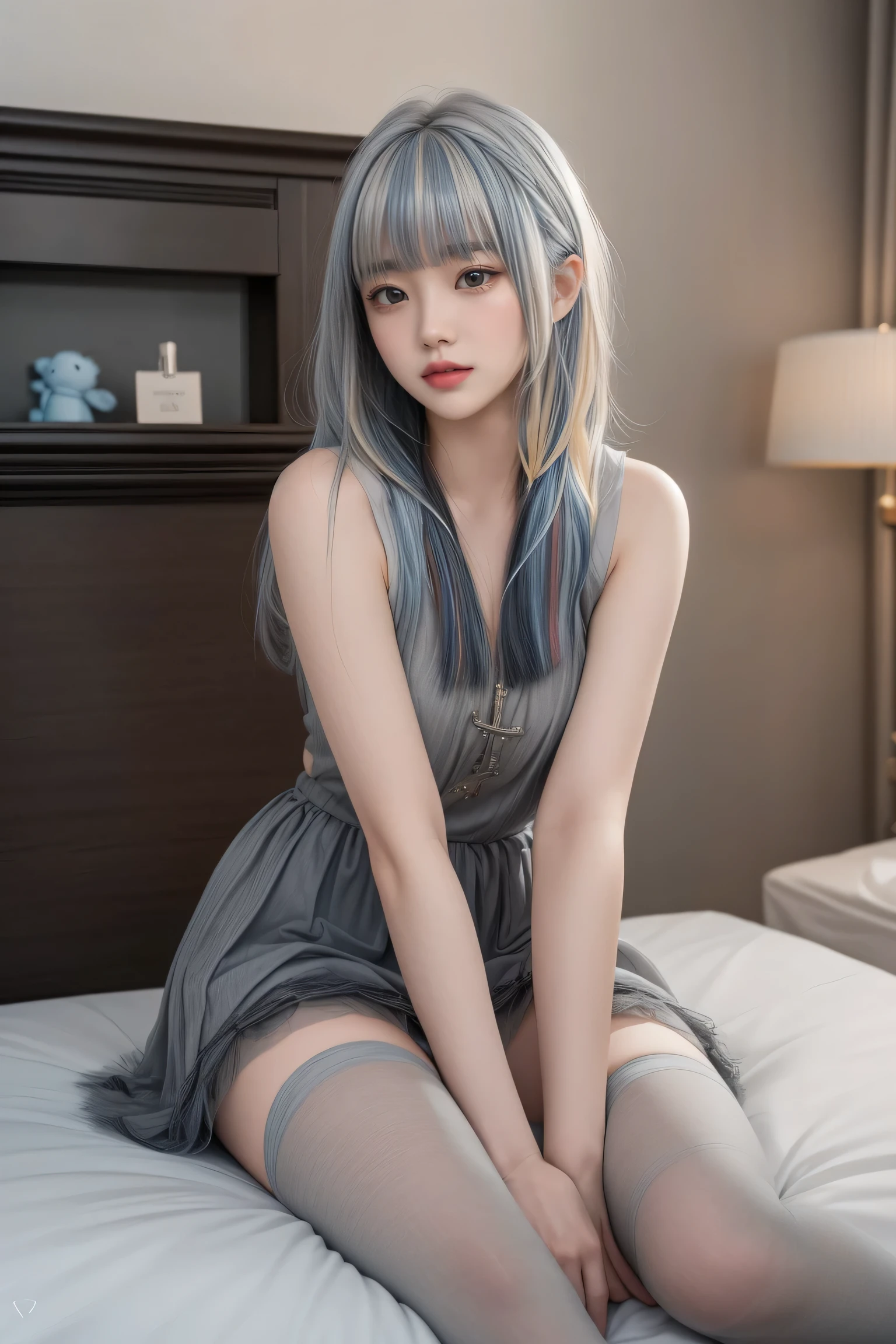 (sitting cross-legged on the bed)、Mature Woman、Light blue hair、((Light grey hair))、(((Two-tone hair)))、Black taupe dress with delicate light blue decoration、Slender women、Cute Woman、 8K Ultra HD,Detailed face、Delicate texture, Long Hair、(((Blunt bangs)))、(((Drill Hair)))、Tutu skirt、Thigh-length tights、short boots、((Oriental router))、mini skirt、A room in a Western-style building、((Delicate photo)),(Girl Astepeace RAW Photo Details:1.25), (Highest quality:1.6), (Ultra-high resolution:1.5), (Realistic:1.75), 8k resolution, Canon EOS R5, 50mm, Absurd, Very detailed,Cinema Lighting、((stuffed toy:1.3))、Browsing Caution:1.5(Full Body Shot)