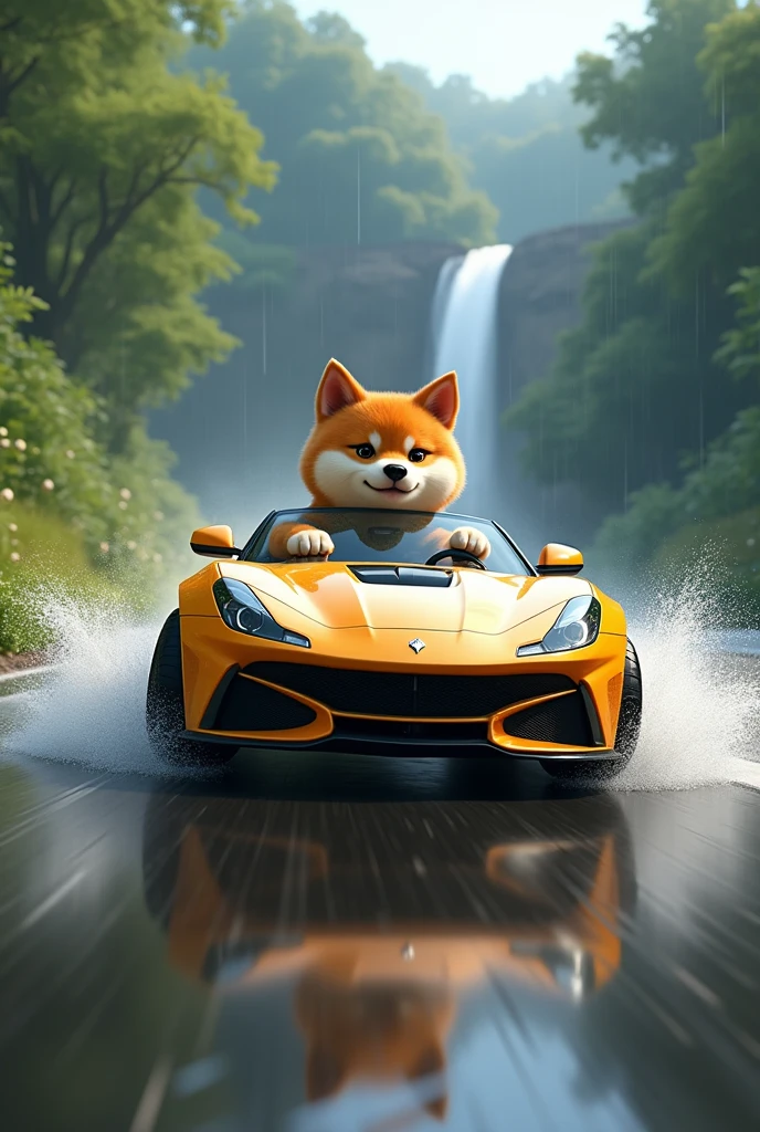 Doge car doing drift in rain and water fall with nice greenery