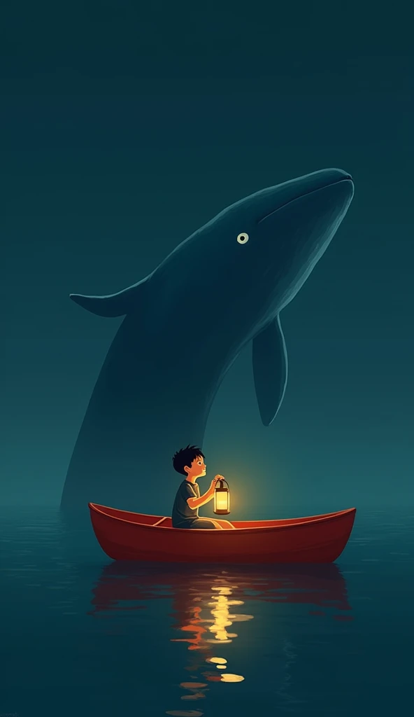 Flat, illustration, simple, quiet colors: a serene and surreal scene. A boy is sitting alone in a small red rowboat, holding a lantern, warm lighting, the boat floats calmly on dark, reflective waters. The atmosphere is peaceful and quiet, with a large, blue whale emerging from the water in the background. its eye gently watching the boy in the boat., oliver jeffers style, masterpiece