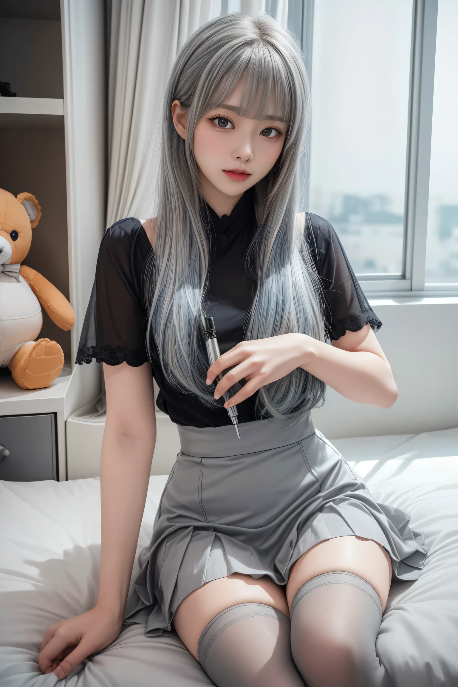 (sitting cross-legged on the bed)、Mature Woman、Light blue hair、((Light grey hair))、(((Two-tone hair)))、Black taupe dress with delicate light blue decoration、Slender women、Cute Woman、 8K Ultra HD,Detailed face、Delicate texture, Long Hair、(((Blunt bangs)))、(((Drill Hair)))、Tutu skirt、Thigh-length tights、short boots、((Oriental router))、mini skirt、A room in a Western-style building、((Delicate photo)),(Girl Astepeace RAW Photo Details:1.25), (Highest quality:1.6), (Ultra-high resolution:1.5), (Realistic:1.75), 8k resolution, Canon EOS R5, 50mm, Absurd, Very detailed,Cinema Lighting、((stuffed toy:1.3))、Browsing Caution:1.5(Full Body Shot)