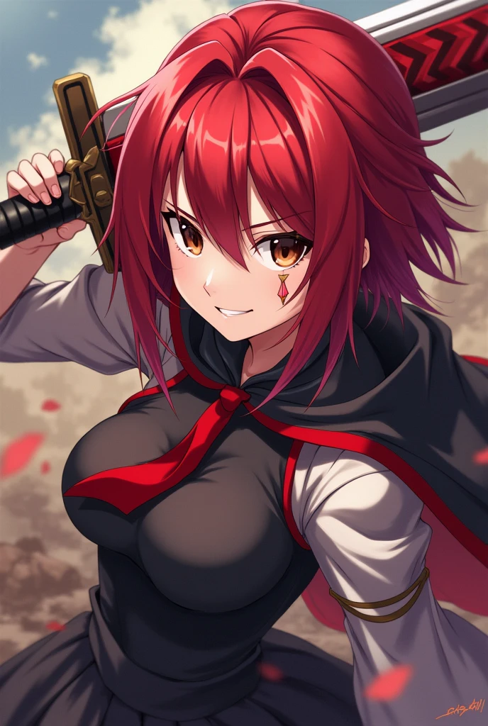 A girl with red hair and Brown eyes with a scar on The left eye Smiling with big sword anime style Apparently he is 19/