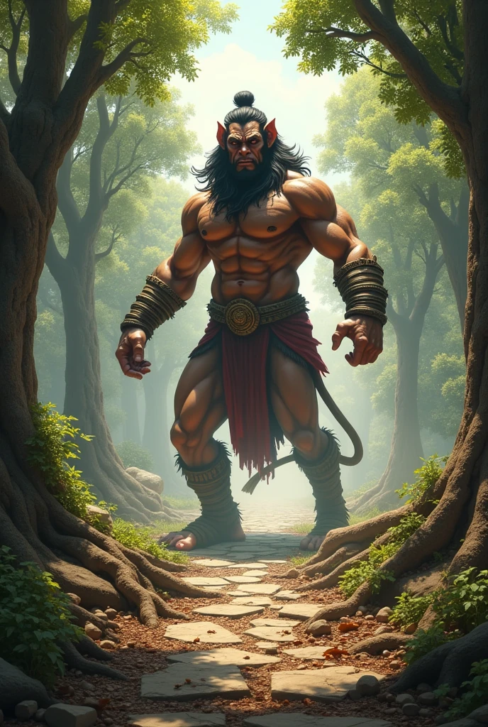 **Hanuman Destroying the Ashok Vatika**: Hanuman, now in his giant form, unleashes his fury in the Ashok Vatika. He uproots massive trees, smashes the stone pathways, and creates chaos. The vibrant garden is now in disarray, with debris and leaves scattered everywhere.