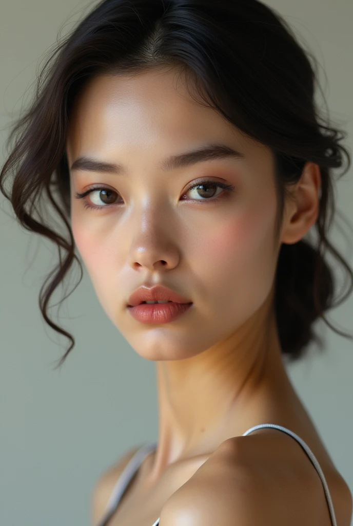 A women with thin eyebrows, square jaw, fair skin tone, straight nose, big lips, medium sized eyes