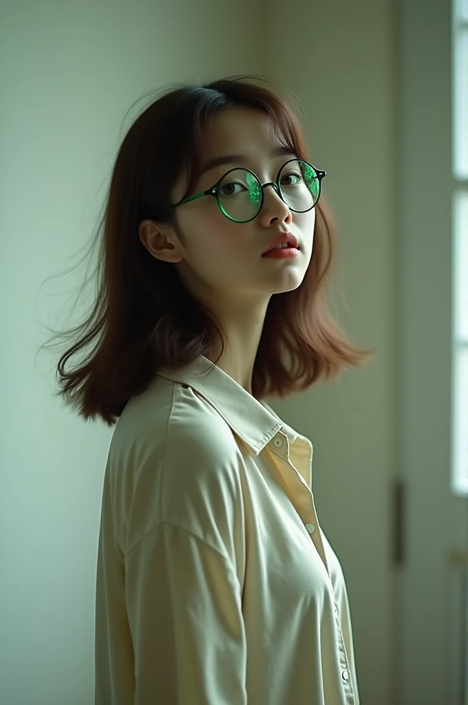 A girl wearing green glasses and turning back her face backward