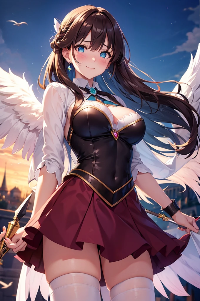 A beautiful girl in a short skirt holding a sword and a bird, outside, night, (magical girl), pink leotard, fluffy layered skirt, thigh highs, bow, wand, wings, flying, floating, big rounds breasts, dark brown hair, long bangs, french braid, long hair, wavy hair, expressive hair, shiny hair, hairclip, hair ribbon, jewelry, aqua eyes, glowing eyes, pupils sparkling, earrings, blush, light smile, shy, embarrassed, nervous smile, beautiful detailed eyes, natural lighting, high detail, anime, anime style, depth of field, cinematic lighting, game CG, dithering, image fill, multiple views, wide shot, from above, from behind, from below, atmospheric perspective, perspective, panorama, Wide-Angle, f/1.8, 85mm, Nikon, 8k, super detail, masterpiece, retina, masterpiece, accurate, anatomically correct, textured skin, high details, best quality, highres, 16k