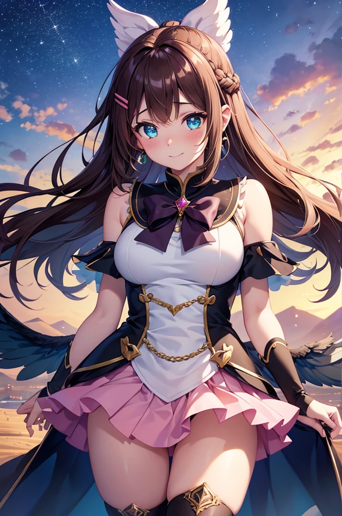 A beautiful girl in a short skirt holding a sword and a bird, outside, night, (magical girl), pink leotard, fluffy layered skirt, thigh highs, bow, wand, wings, flying, floating, big rounds breasts, dark brown hair, long bangs, french braid, long hair, wavy hair, expressive hair, shiny hair, hairclip, hair ribbon, jewelry, aqua eyes, glowing eyes, pupils sparkling, earrings, blush, light smile, shy, embarrassed, nervous smile, beautiful detailed eyes, natural lighting, high detail, anime, anime style, depth of field, cinematic lighting, game CG, dithering, image fill, multiple views, wide shot, from above, from behind, from below, atmospheric perspective, perspective, panorama, Wide-Angle, f/1.8, 85mm, Nikon, 8k, super detail, masterpiece, retina, masterpiece, accurate, anatomically correct, textured skin, high details, best quality, highres, 16k