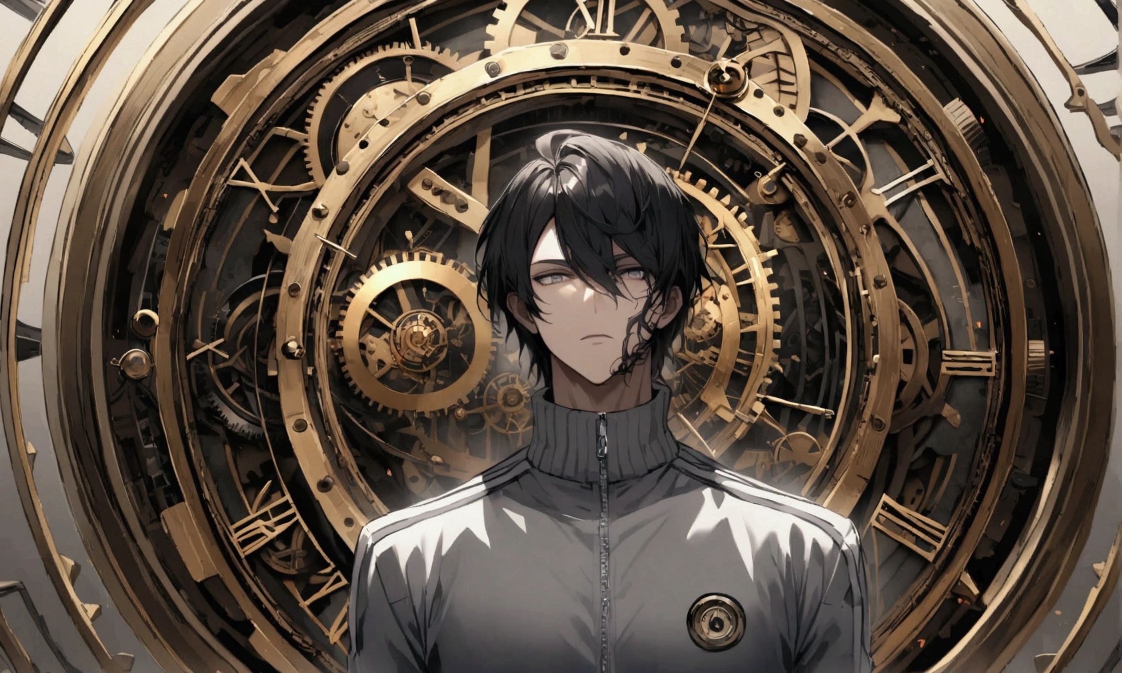 giant clockwork background, human, 2 male, black neat hair, a face, wearing gray tracksuit, body tangled in watch, Body fused with clock
