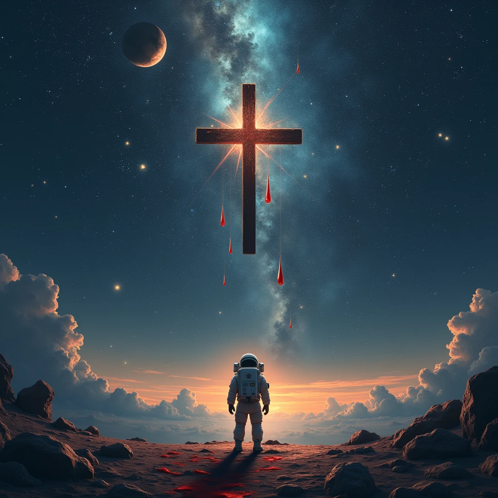 The Cross , that 3 drops of blood fall from the Cross, outer space , constellations, stars , planets , an astronaut 