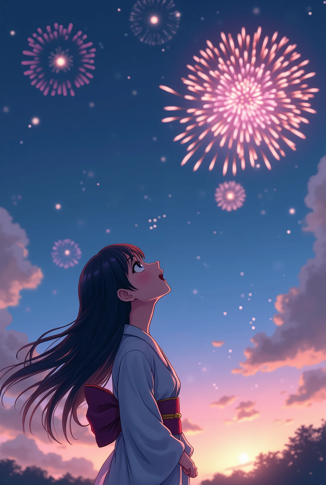 masterpiece, Highest quality, Highly detailed CG Unity 8k wallpaper, High School Girl Anime Illustration. Please wear a yukata、She looks up at the sky with sparkling eyes、She's opening her mouth, smile. The background is a light pastel colored landscape..., one person&#39;s,Long Hair,Black Hair,iris, Cowboy Shot、night, Lots of fireworks, Bokeh Photo, (Soft Focus):1.2, Out of focus highlights, Dreamy atmosphere, Glowing circle, Fascinating Depth