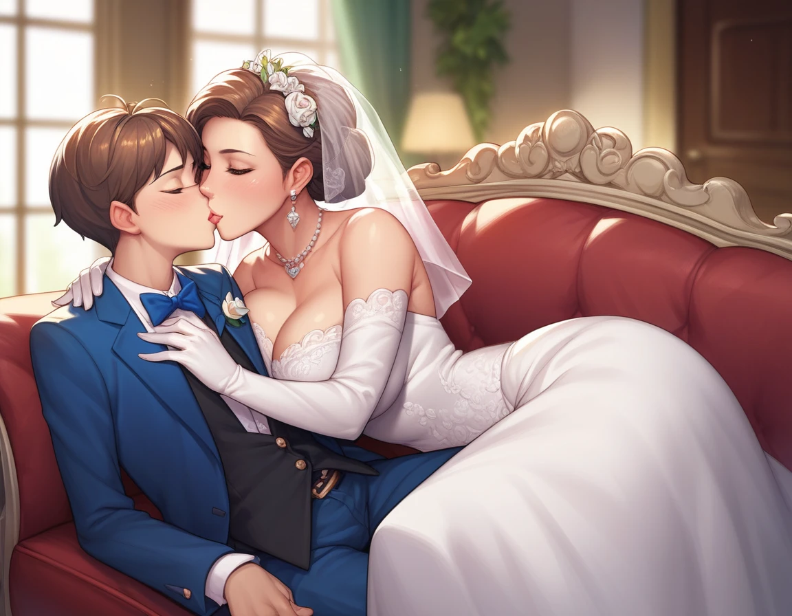 score_9, score_8_up, score_7_up, source_anime, 1boy, 1girl, mature female,(mother wedding dress)(son weddin suit) mother and son, kid, sitting side by side, kiss, on a sofa