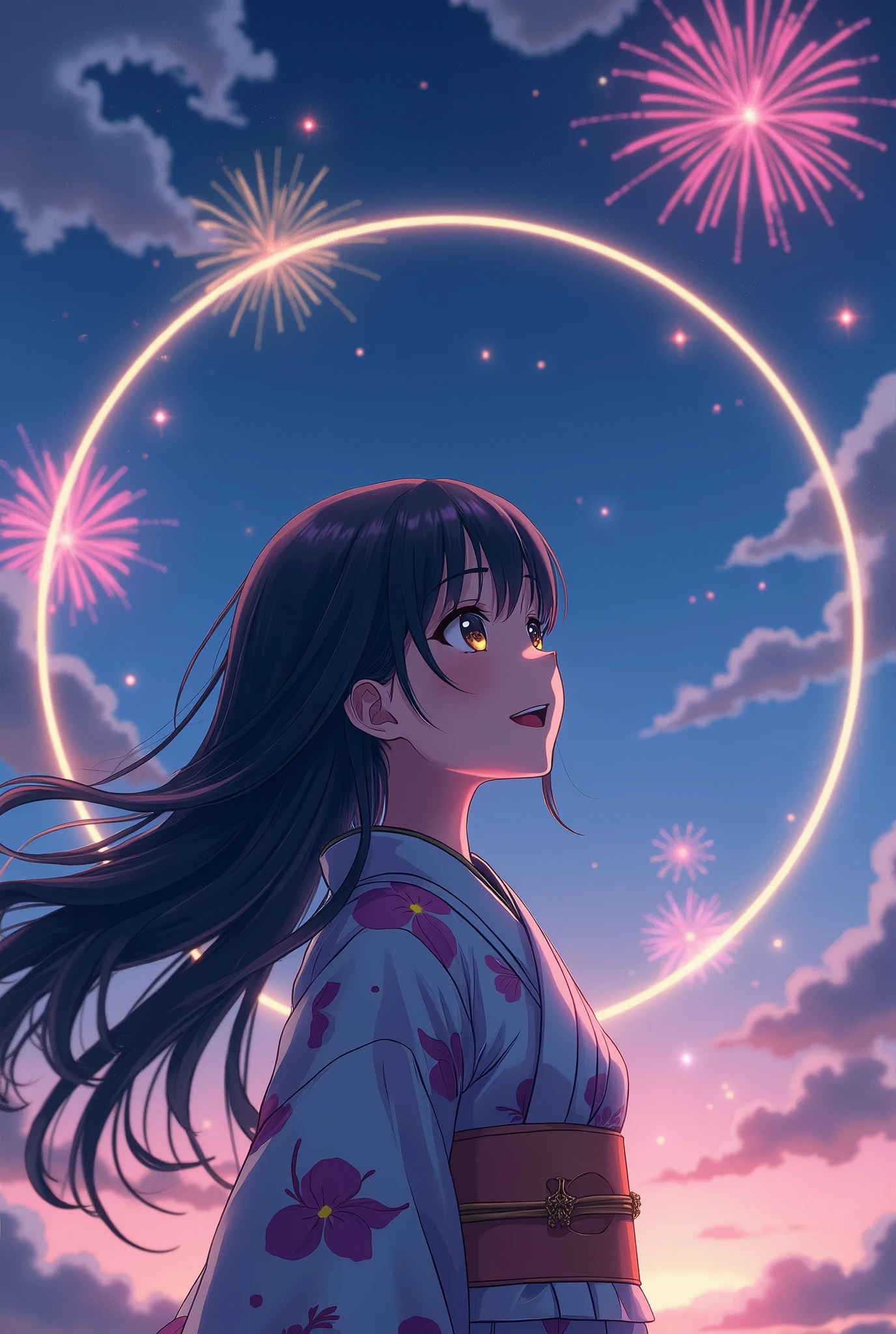 masterpiece, Highest quality, Highly detailed CG Unity 8k wallpaper, High School Girl Anime Illustration. Please wear a yukata、She looks up at the sky with sparkling eyes、She's opening her mouth, smile. The background is a light pastel colored landscape..., one person&#39;s,Long Hair,Black Hair,iris, Cowboy Shot、night, Lots of fireworks, Bokeh Photo, (Soft Focus):1.2, Out of focus highlights, Dreamy atmosphere, Glowing circle, Fascinating Depth