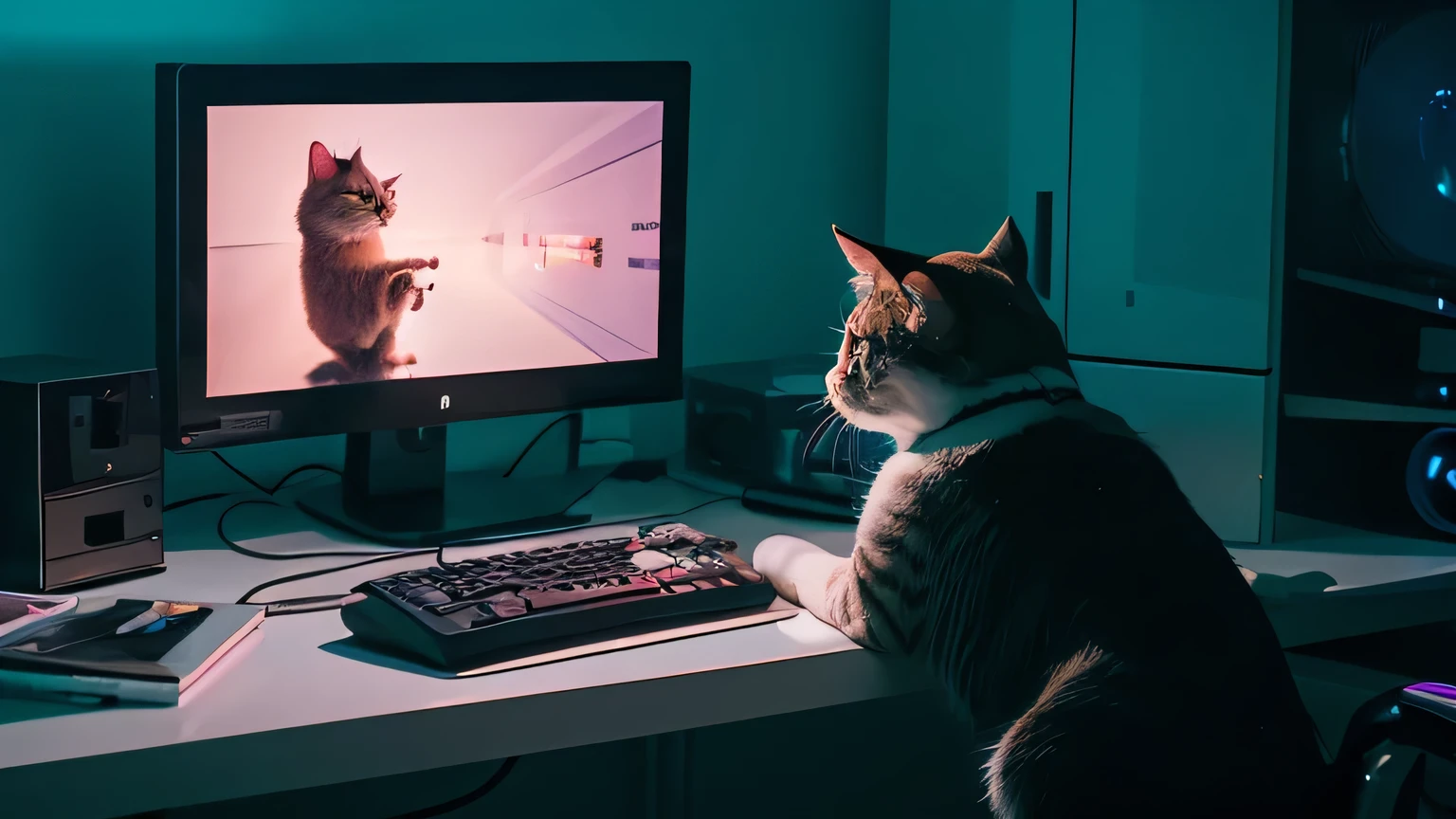 Realistic photos、4K, 8k,masterpiece, A cat operates a computer, on the desk, (neon),engineer,Gaming, vivid