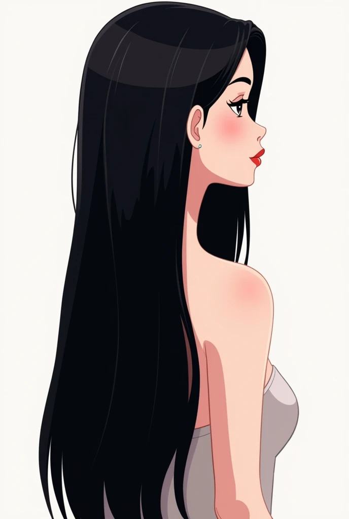 A png of a white woman with long straight black hair from the back in cartoon format
