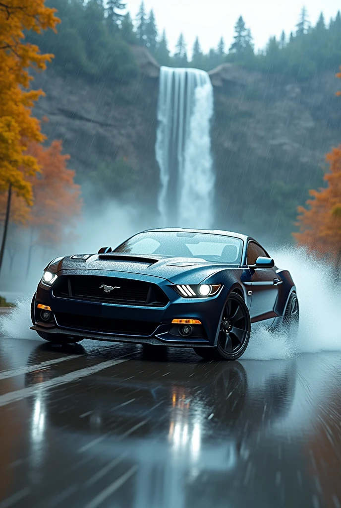 Mustang car doing drift in rain and water fall with yellow orange blue trees 
