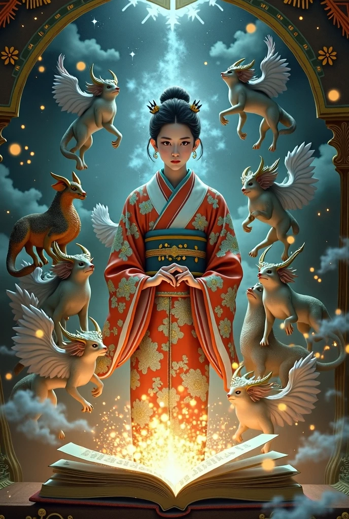 Book　many　Guardian deity　Kimono woman