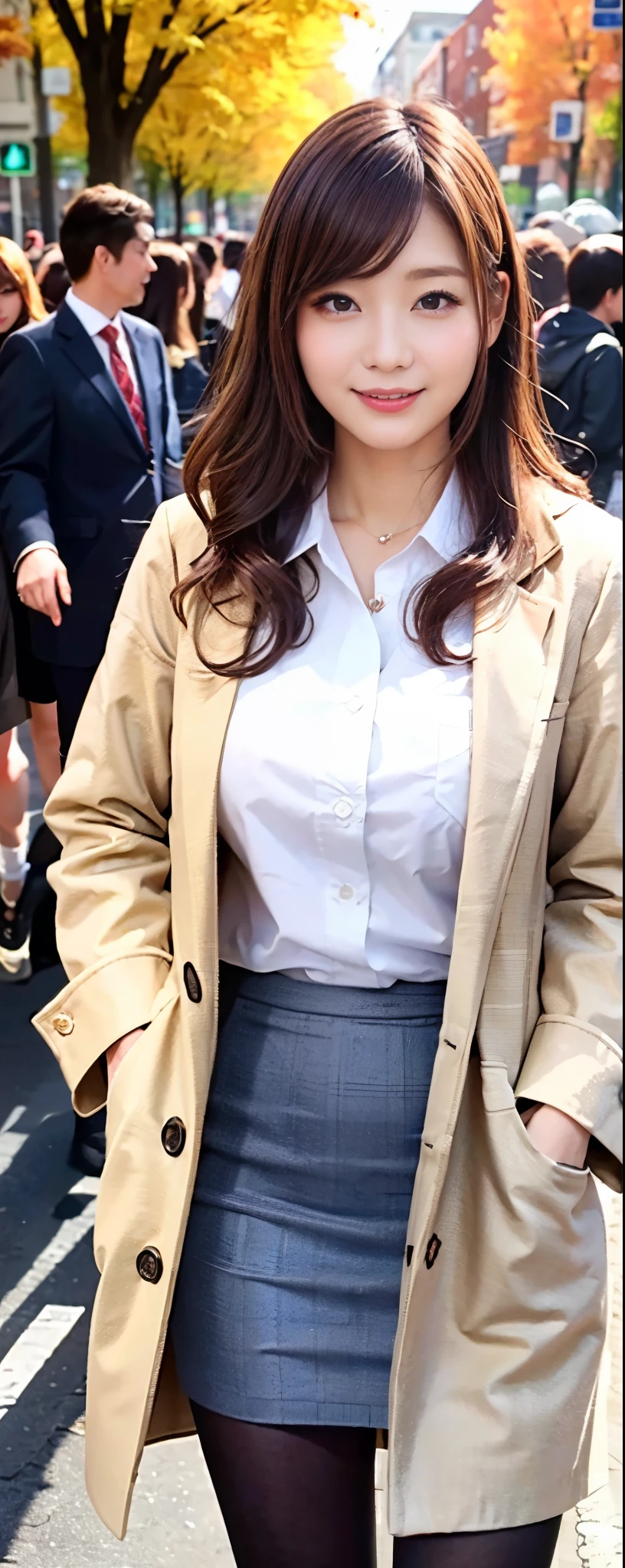 (8k, RAW photos, top quality, masterpiece: 1.2, ultra detailed, super resolution, real photos: 1.37), (Full body photo), 1 noble elegant Japanese lady, (standing contrapposte), ((pale color coodinate amber peach light brown other color, wearing over-size short autumn coat, beige long skirt, inner shirt, black tights, wearing loafers)), Shiny, Smile, Looks like 1.8 meters tall, large pelvis, Large breasts, big cuvy hips, Thin waist, Long legs, skin hyper-detail, 20 years old, Perfect face, (Detailed facial features), Wavy hair, Daylight, autumn season, center of street, crowd of people,