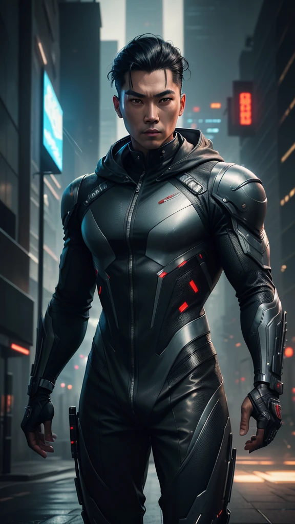 1 asian man, detailed face, black hair slicked back, hooded futuristic suit, sci-fi, cyberpunk, war background, night, (best quality,4k,8k,highres,masterpiece:1.2),ultra-detailed,(realistic,photorealistic,photo-realistic:1.37),digital art,intricate details,dramatic lighting,cinematic,moody