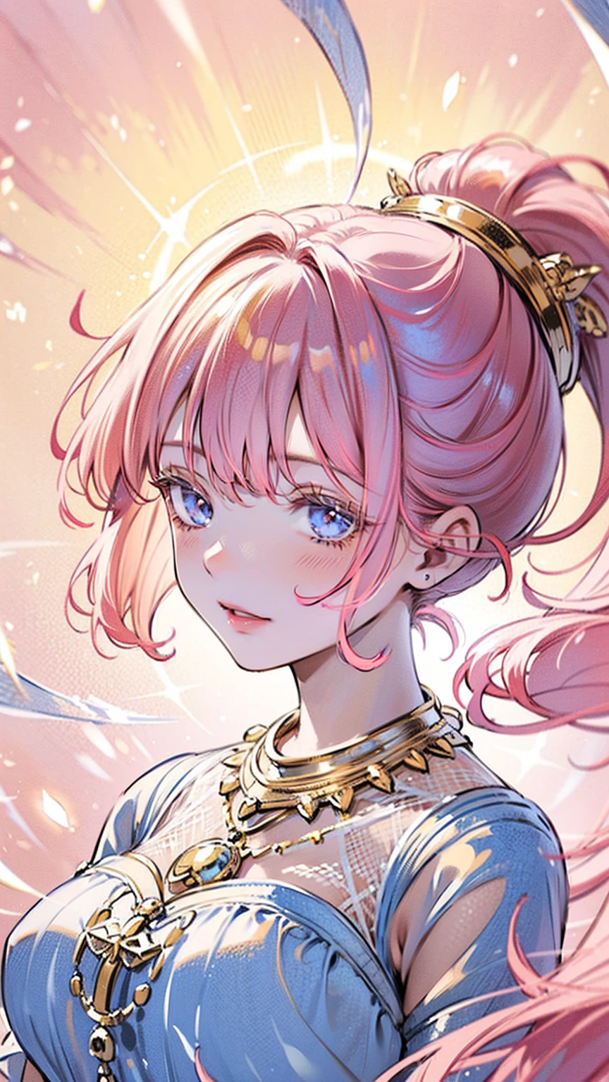 ((best quality)), ((ultra high definition)), ((masterpiece)), ((Romance Fantasy)), ((illustration)), (detailed), (clear), (Perfect), 1 woman, mature, beautiful, pure, calm, Pink hair with bangs in ponytail, straight hair, white skin, Sapphire blue eyes, Deep double eyelids, abundant eyelashes, pretty lips, big bust, small waist, One-piece with lace, Gold necklace, holding a picnic basket, Orchard Background, Sunny weather, windy, hair flowing in the wind
