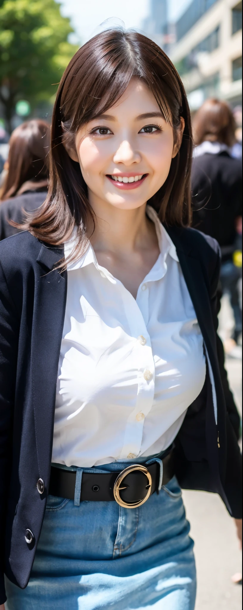 (8k, RAW photos, top quality, masterpiece: 1.2, ultra detailed, super resolution, real photos: 1.37), (Full body photo), 1 noble elegant Japanese lady, A lot of wrinkles on the face, plumw, (standing contrapposte), Denim short skirt, Thighs white, Good skin radiance, tunic shirt, tight-fitting, large pelvis, Black heels, Shiny, mature pretty woman, Moist clothes, Smile, Daylight, Looks like 1.8 meters tall, Large breasts, big cuvy hips, Thin waist, Long legs, skin hyper-detail, 4, Perfect face, Fantastic look, (Detailed facial features), Wavy hair, center of street, crowd of people,