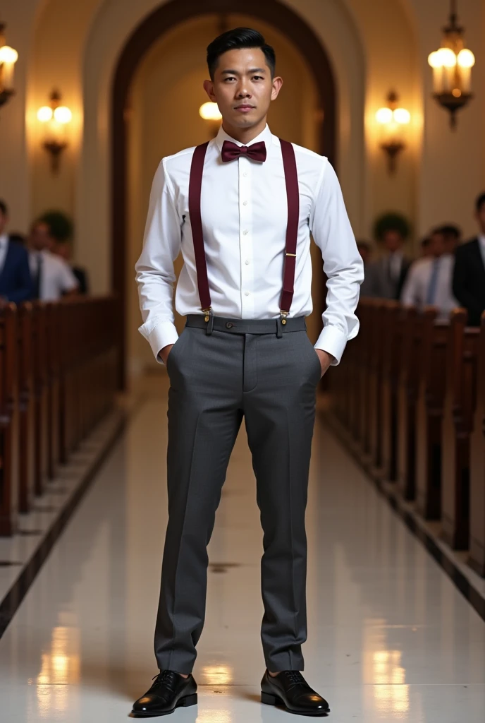 Create a groomsmen Attire. White long sleeve, with burgundy bowtie and suspender and dark gray pants and black shoes. Whole body picture for Filipino.