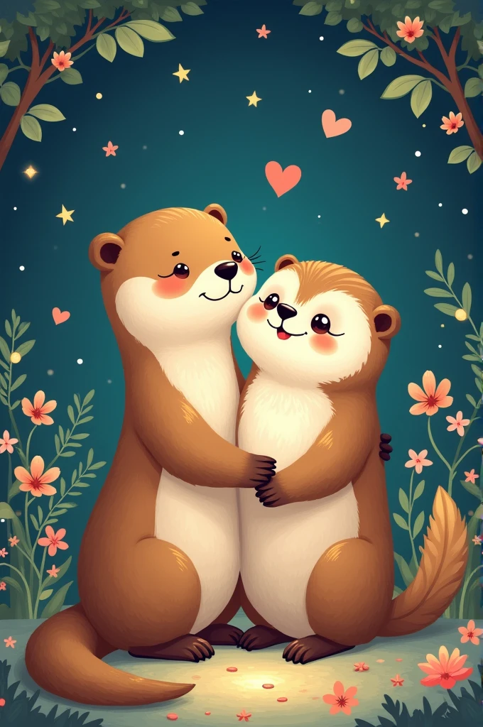 A wallpaper with an otter and an owl, style cartoon, of couple
