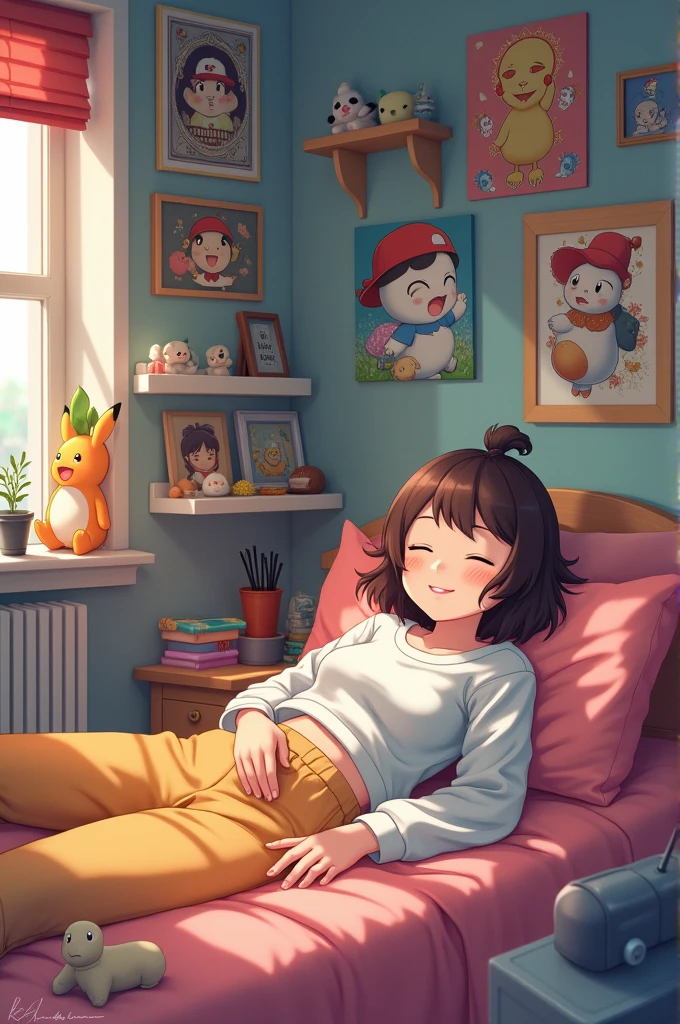 draw a girl who is lying down a digital artist who loves pokemon make the background a room with anime style pokemon posters