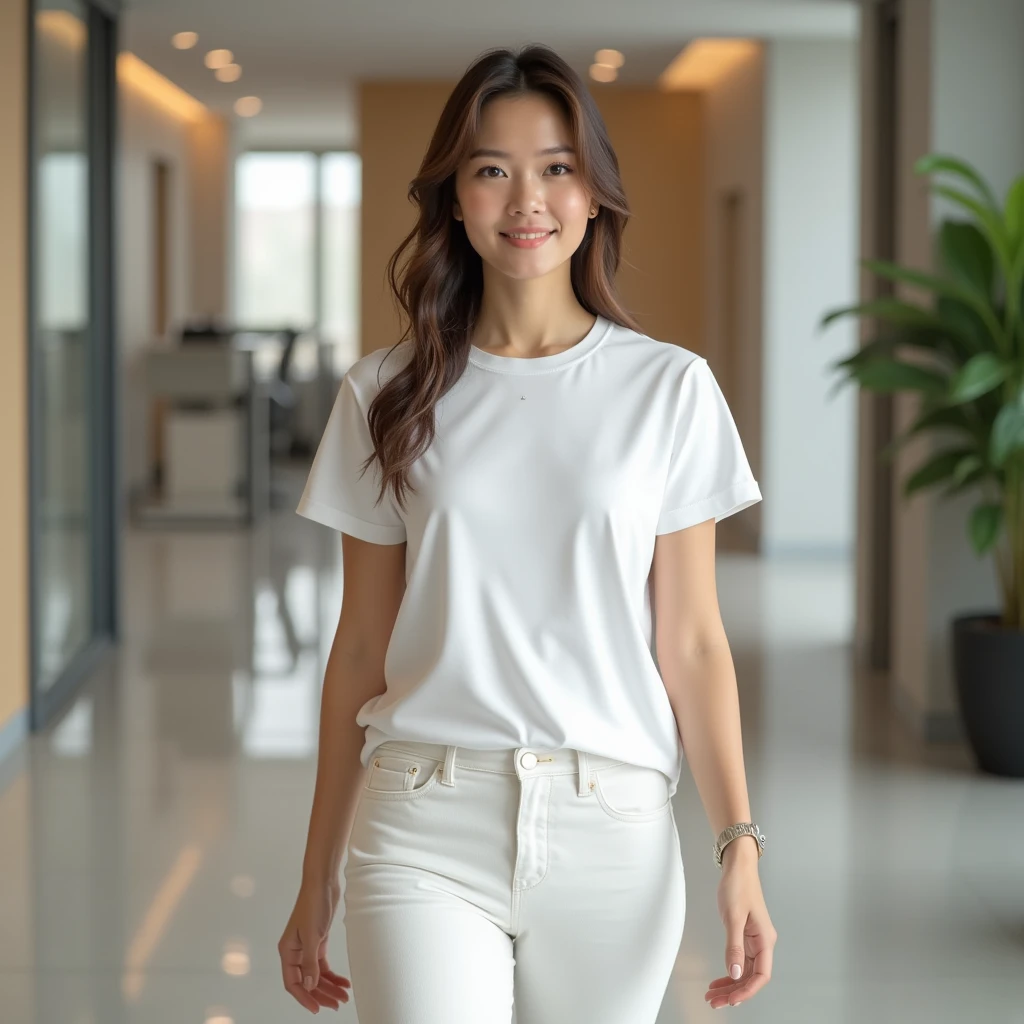A high-resolution, photorealistic, {{full-body from head to toe}}, walking to camera, front-facing image of a woman, 1.85m tall wearing a plain white t-shirt and pants. The man is smiling, standing straight with a relaxed posture and a neutral expression. The scene is set against a [modern office interior] background with [soft ambient light]. The t-shirt is smooth, with minimal folds, ideal for overlaying designs. The image captures the entire body from head to toe, with realistic lighting and detailed textures.