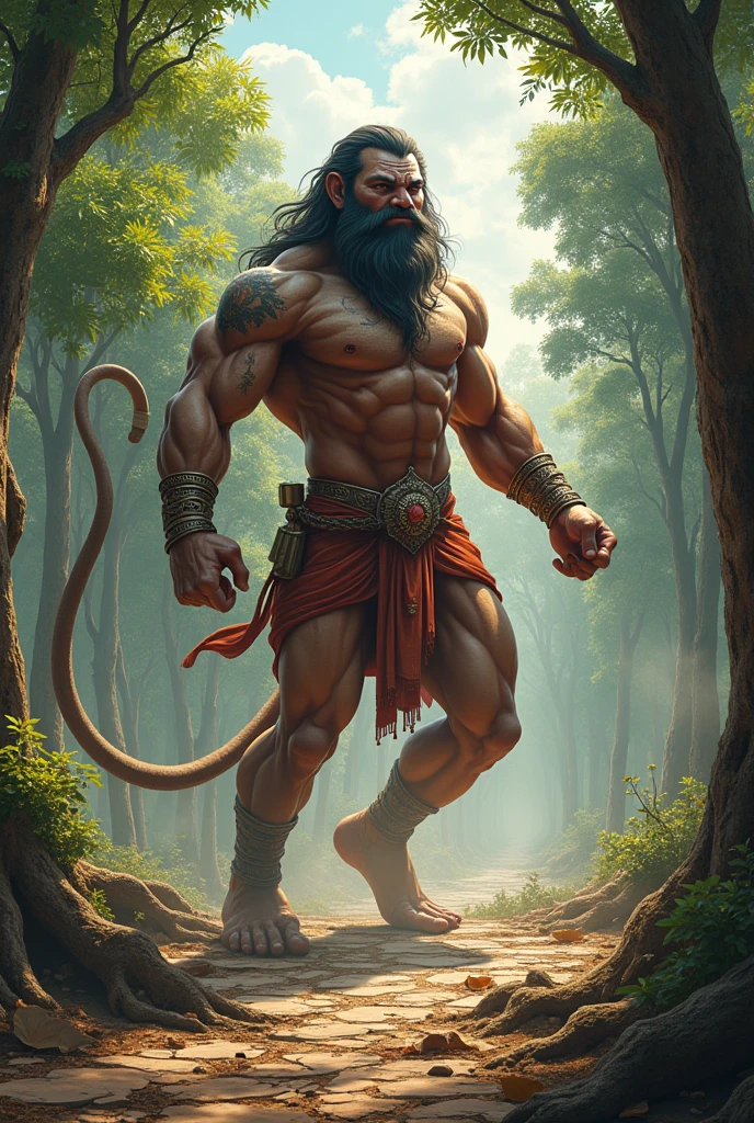 **Hanuman Destroying the Ashok Vatika**: Hanuman, now in his giant form, unleashes his fury in the Ashok Vatika. He uproots massive trees, smashes the stone pathways, and creates chaos. The vibrant garden is now in disarray, with debris and leaves scattered everywhere.