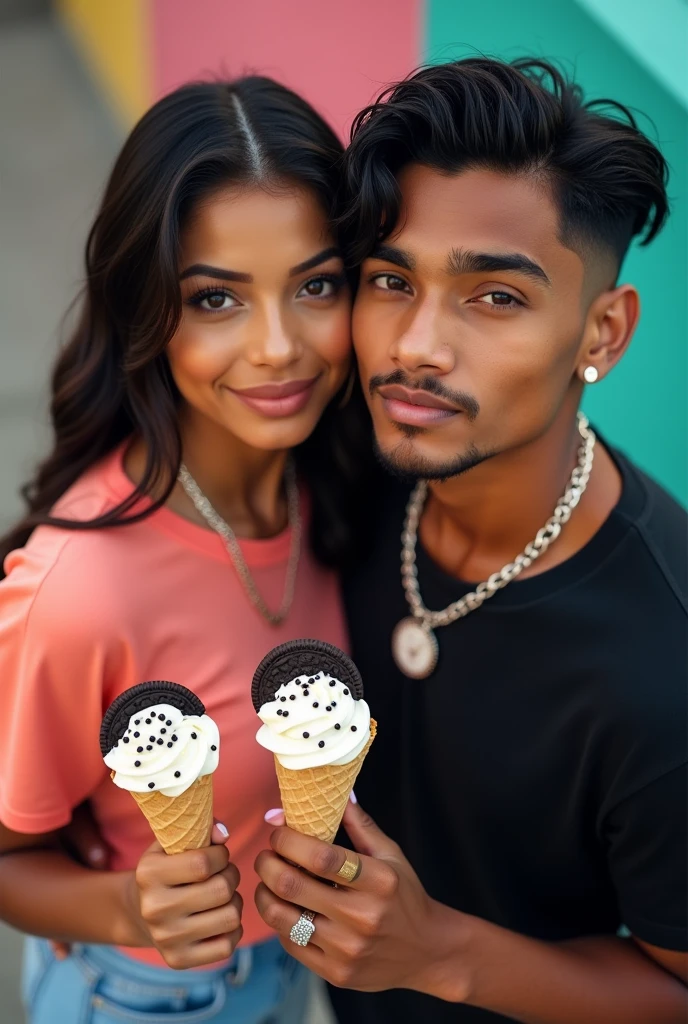 Caramel mixed American skin tone Puerto Rican American female and male,  and a 2 man wearing a T-shirt with black wet hair, long eyelashes, dimples, perfect juicy lips, a necklace on thicker chains, earrings, diamond rings, standing and hugging, wearing a vibrant  T-shirt, black jeans, shoes. The photo is taken from above, showing full body, pretty eyes, cute expression, with a filter on face, blurry filter, vibrant, holding cookies and cream ice cream