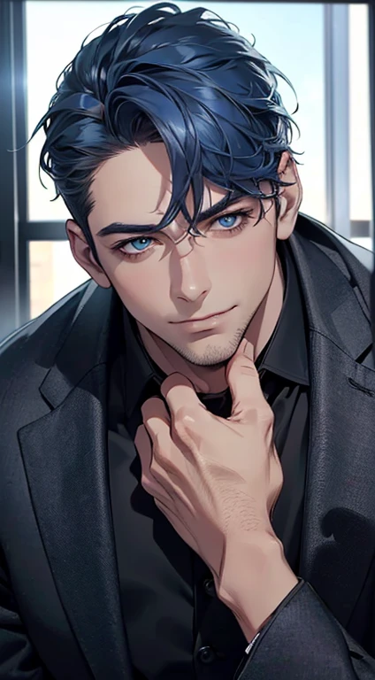 (best quality,4k,8k,highres,masterpiece:1.2),ultra-detailed,(realistic,photorealistic,photo-realistic:1.37),1 man,3,mature man,very handsome,without expression,smile,short blue hair,blue eyes,penetrating gaze,perfect face without errors,imposing posture,businessman,office background,cinematic lighting,hdr image