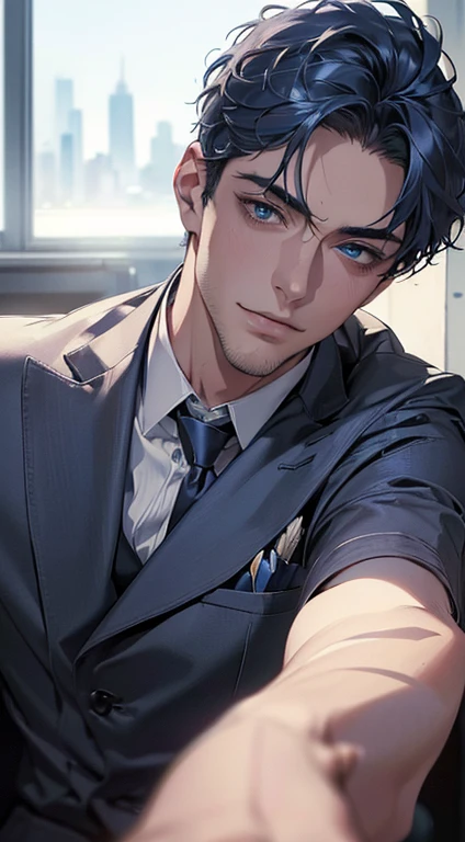 (best quality,4k,8k,highres,masterpiece:1.2),ultra-detailed,(realistic,photorealistic,photo-realistic:1.37),1 man,3,mature man,very handsome,without expression,smile,short blue hair,blue eyes,penetrating gaze,perfect face without errors,imposing posture,businessman,office background,cinematic lighting,hdr image