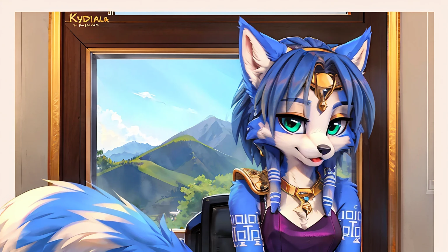 A beautiful and detailed (cute portrait) wa ((krystal)), Star Fox krystal, sslim, lovable, green eyes, medium breasts, (((Long blue hair 1.3))), Decollete, anthro, furry, Uploaded E621, detailed fluffy fur, (wa Fluff-Kevlar, Bayard Wu, Pino Daeni), detailed face, (fluffy), 1 girl, alone, sweet girl, gown