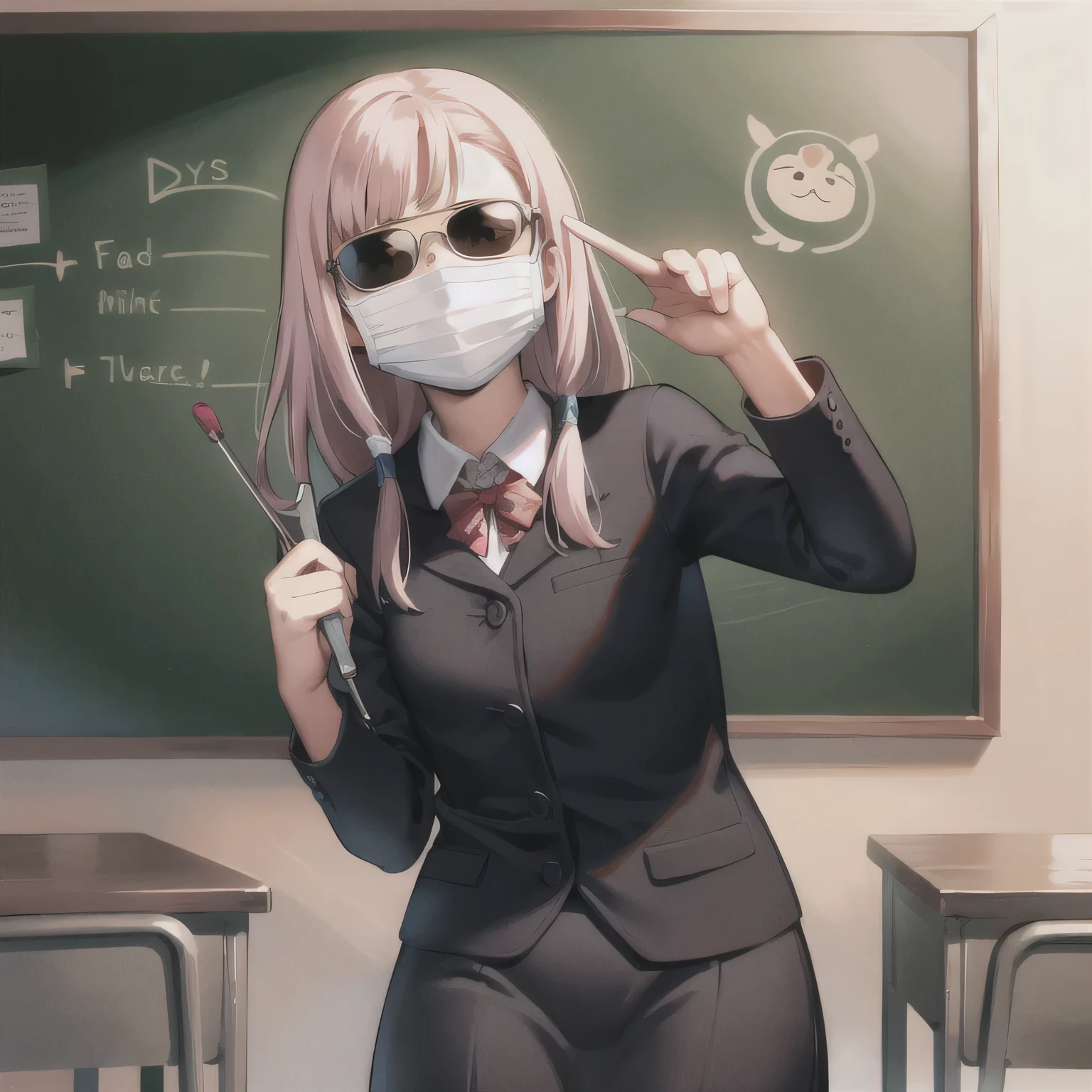 A cute and attractive female science teacher, 20 years old, is standing in the classroom, wearing black sunglasses, a white mask, and a mask. With pink hair, she wears professional and stylish outfits befitting a teacher, combining elegance and practicality. The classroom background includes desks, a blackboard with science diagrams, and educational posters. Teachers have a warm and friendly demeanor and interact with students enthusiastically and politely. The overall feel of the scene is welcoming and encouraging in the anime style.