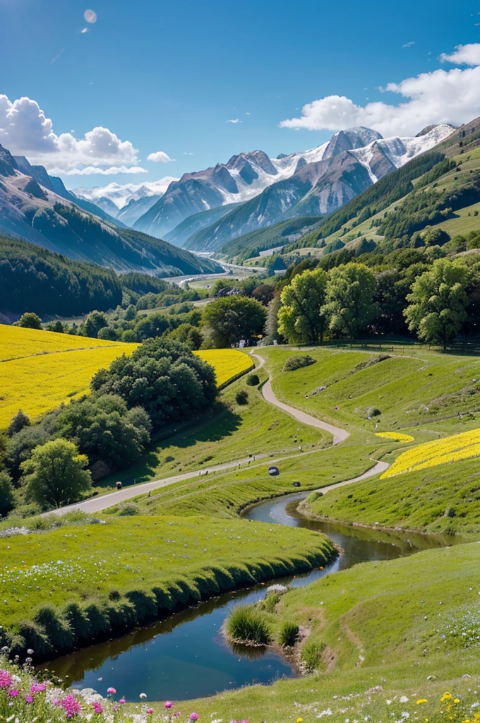 In a vibrant, anime-style world with a visual quality reminiscent of the film 'Your Name,' the scene reveals a vast, rolling landscape of lush green fields bathed in the bright sunlight of a clear day. The hills are dotted with colorful, blooming wildflowers that sway gently in the breeze, adding a lively touch to the scenery. In the distance, majestic, snow-capped mountains rise against a brilliant blue sky, their peaks shimmering under the sun. A crystal-clear lake reflects the sky and surrounding landscape, enhancing the sense of tranquility and beauty. The overall atmosphere is bright and cheerful, with rich, vivid colors capturing the essence of a perfect, sunlit day, evoking the magical realism and stunning visuals of top-tier anime films.
