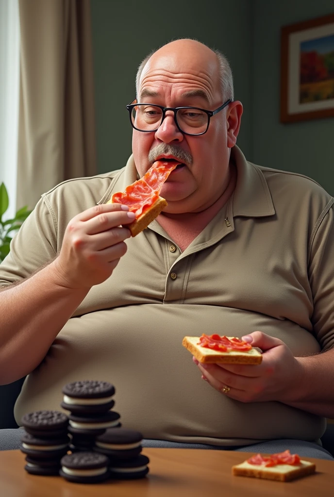 A white man, baldie, with glasses, very pot-bellied, aged 50, eating bread with ham and Oreo cookies.
