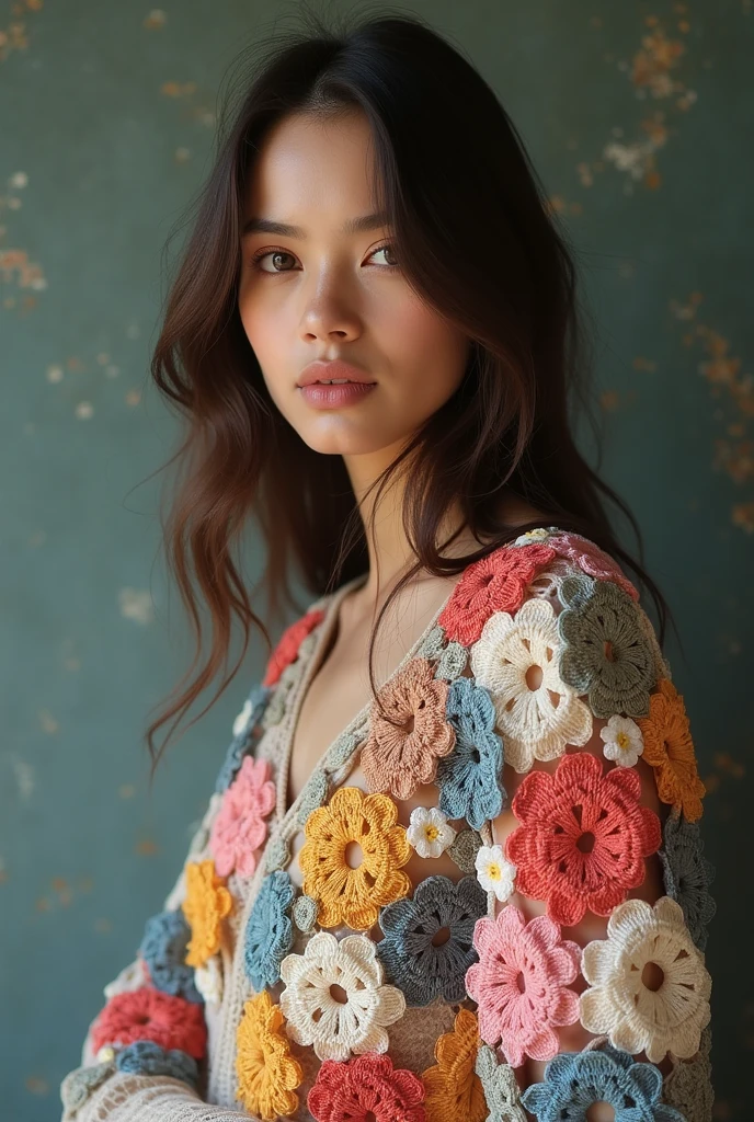 European woman model wearing a thick crochet blouse with lots of delicate colorful embossed crochet flowers
