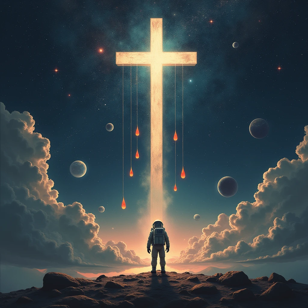 The Cross , that 3 drops of blood fall from the Cross, outer space , constellations, stars , planets , an astronaut