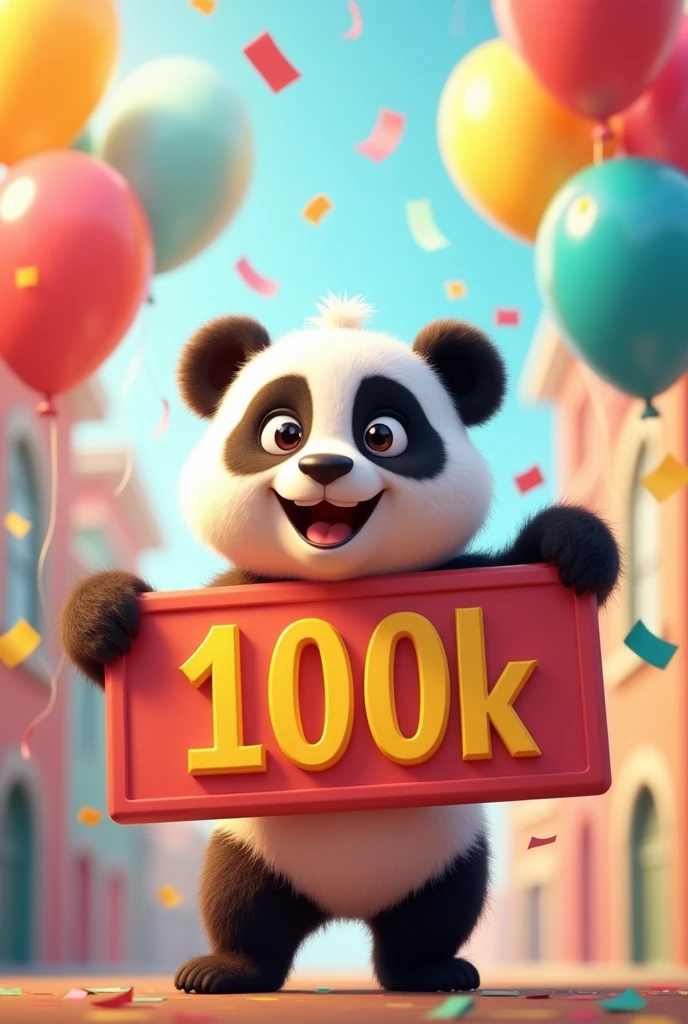 Image of an animated panda with a sign that says: 100k. With confetti and balloons